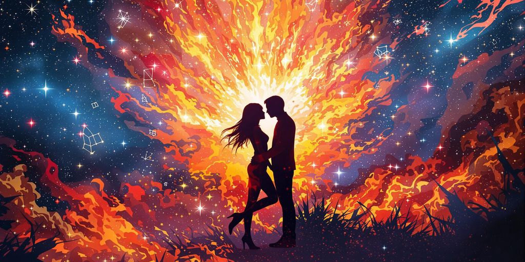 Silhouettes of two figures against a starry background.