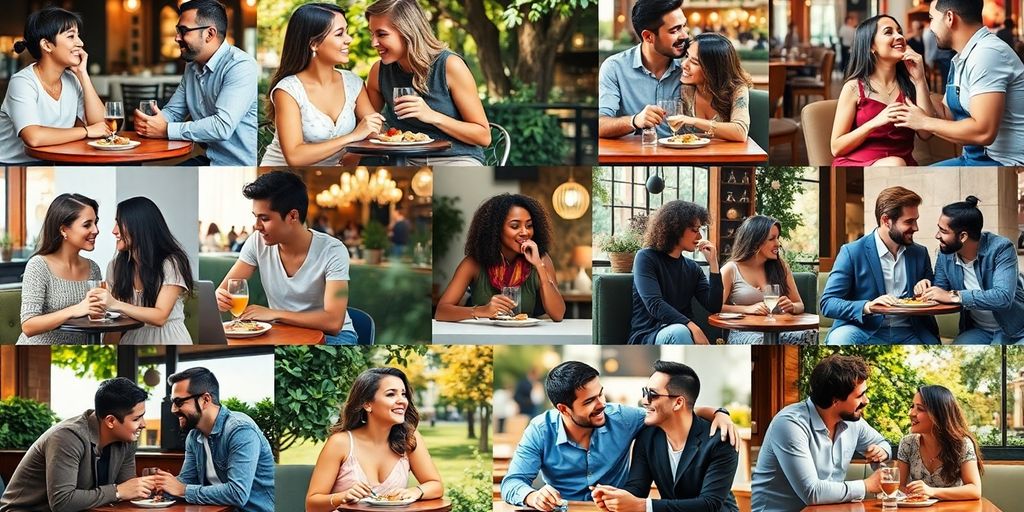 Vibrant collage of couples enjoying various dating experiences.