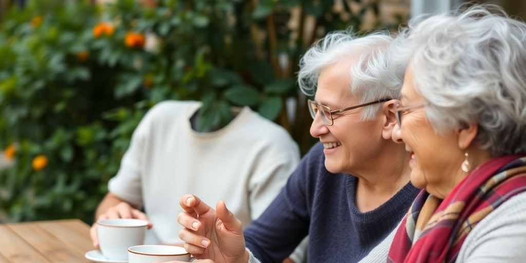 Mature couple sharing a joyful moment over coffee outdoors.